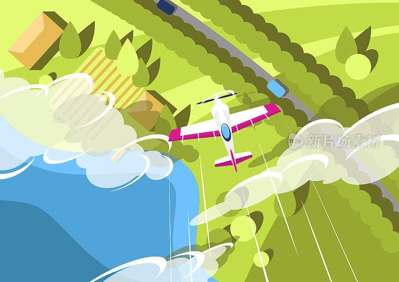 vector illustration of a light-engine plane flying over and with houses with car, trees, road, forest, lake and clouds. The flight of the aircraft, top view